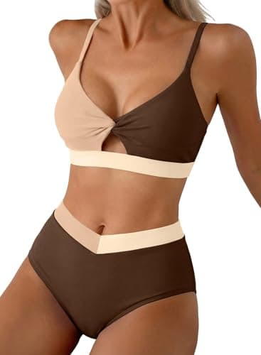 Herseas Two Piece Swimsuit for Women 2026 Sexy V Neck Color Block Swimming Beach Wear Shapewear High Waisted Bikini Set Cheeky Bathing Suit Bottom Brown Medium - Image 1