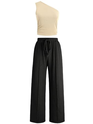 Casly Lamiit Women 2 Piece Sets Going Out Cute Beach Outfits Off Shoulder Wide Leg Pants Comfy Knit Resort Wear Black Beige L - Image 1