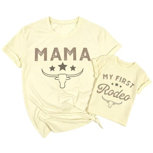 Mom and Daughter Matching Shirts Mommy and Me Outfits Mama Shirt Mothers Day T-Shirt My First Rodeo Tshirt Western Top Apricot - Image 1