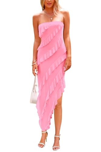 PRETTYGARDEN Summer Wedding Guest Dresses for Women 2025 Strapless Tube Ruffle Elegant Dinner Cocktail Long Dress (Light Pink,X-Large) - Image 1