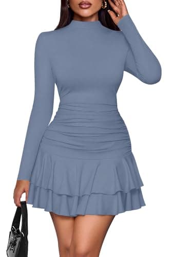 PRETTYGARDEN Women's Fall Long Sleeve Dresses 2026 Mock Neck Ruched Y2K Clothes Ruffle Layered Bodycon Mini Party Dress(Dusty Blue,Large) - Image 1