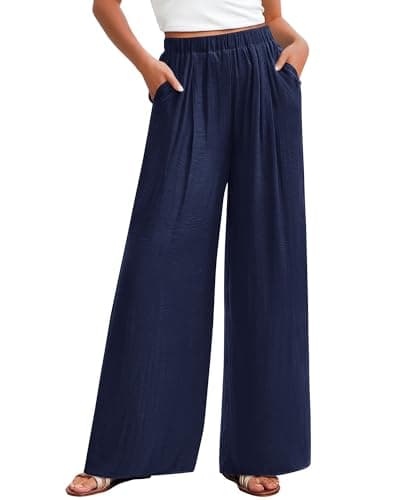 KIRUNDO Flowy Pants for Women Summer 2026 Wide Leg Palazzo Pants Elastic Waist Lounge Trousers Pockets Beach Vacation Outfits(Navy, Large) - Image 1