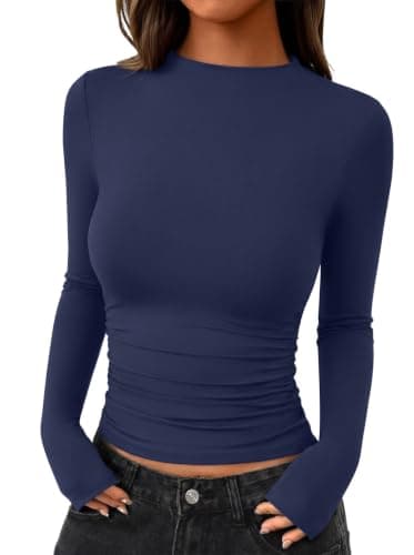 REORIA Women's Elegant Mock Neck Ruched Business Casual Tops Dark Denim S - Image 1