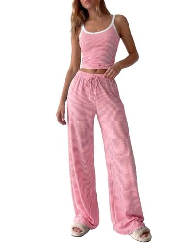 BTFBM Lounge Sets For Women 2026 Striped 2 Piece Pajama Sets Spaghetti Strap Tops Wide Leg Pants Beach Vacation Outfits(Striped Pink White, Small) - Image 1