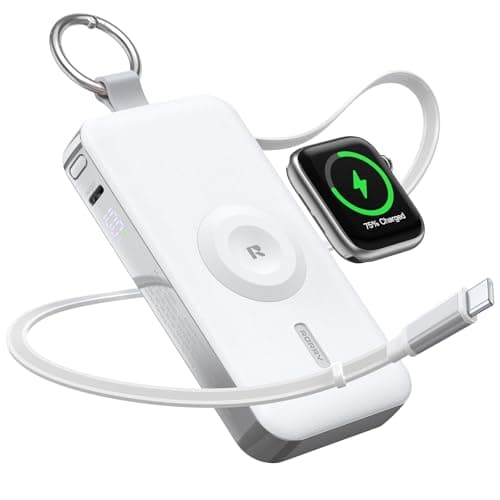 RORRY CharmGo Portable Charger, 12000mAh 30W Fast Charging Power Bank with Built-in Retractable USB C Cable, Battery Pack with Keychain, Travel Essentials for iPhone, Apple Watch, iPad, White - Image 1