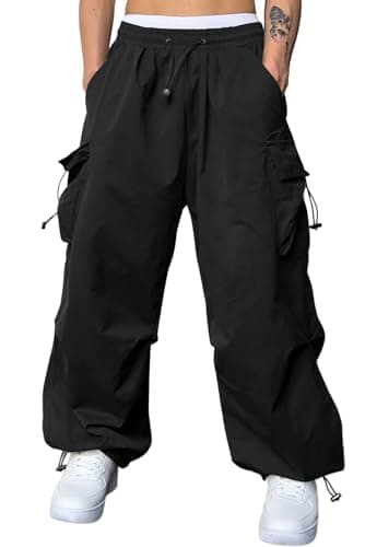 JMIERR Casual Lounge Baggy Streetwear Sweatpants Parachute Pants for Men Fasion Loose Fit Wide Leg Rap Travel Pants with Drawstring High Waist Fall Essentials Outfits Retro 80s,XL, Black - Image 1