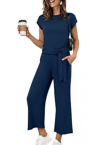 ANRABESS Women 2 Piece Outfits 2026 Summer Lounge Sets Cap Sleeve Tie Waisted Top Wide Leg Pant Airport Vacation Travel Sets Navy Blue Small - Image 1