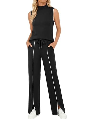 Casly Lamiit 2 Piece Sets for Women Summer Lounge Sets Sleeveless Top Wide Leg Pants Outfits Vacation Travel Clothing Black M - Image 1