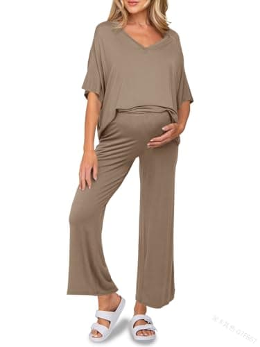 Tankaneo Womens Maternity Pajamas 2 Piece Lounge Set Soft Short Sleeve V Neck T-shirt Cropped Pants Pregnancy Loungewear, Dark Khaki, Medium - Image 1