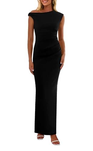 PRETTYGARDEN Women's 2026 Summer Formal Maxi Dresses Sleeveless One Shoulder Bodycon Ruched Mesh Wedding Guest Cocktail Dress (Black,X-Large) - Image 1