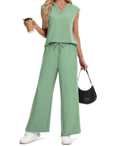 IEEILULU Two Piece Sets for Women V Neck Sleeveless Tank Tops and Wide Leg Pants Sets Vacation Outfits (Green, M) - Image 1
