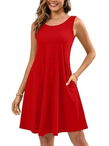 KORSIS Summer Dresses for Women Casual T Shirt Tank Midi Red XL Dresses Sleeveless Swing Flowy Ladies Beach Vacation Sundress with Pocket - Image 1