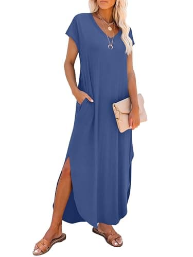 RUMIA Summer Casual Maxi Dresses for Women- Women's V Neck Cap Sleeve Long Sundress with Pockets Beach Vacation - Image 1