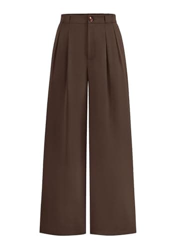 KIRUNDO Wide Leg Dress Pants for Women High Waisted Office Work Trousers Business Casual Slacks Button Flowy Palazzo Pant(Dark Brown, Large) - Image 1