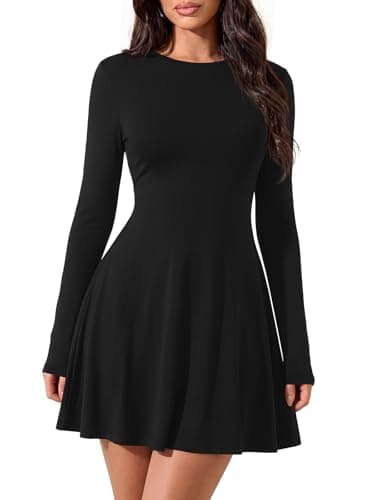 PRETTYGARDEN Crew Neck Long Sleeve Fall Dress for Women 2026 Casual Ribbed Knit Fit and Flare Elegant Homecoming Dresses (Black, X-Large) - Image 1