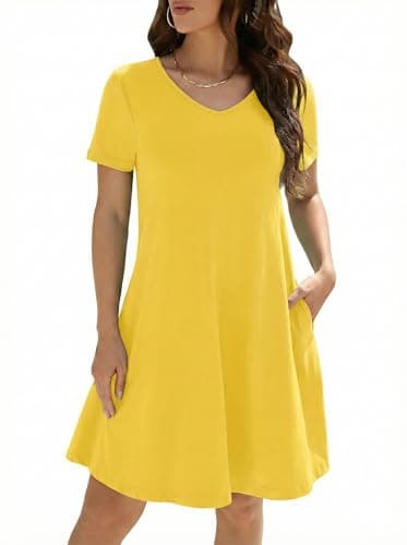 KORSIS Dresses for Women Casual T-Shirt Summer Short Sleeve A Line Sundress Swing Flowy Work Vacation Sundress with Pockets Yellow XL - Image 1
