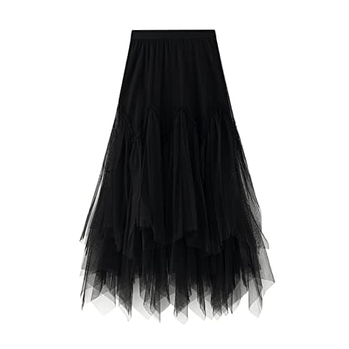 Women's Tulle Skirt Formal High Low Asymmetrical A-Line Fairy Elastic Waist Layered Long Midi Skirts Black - Image 1