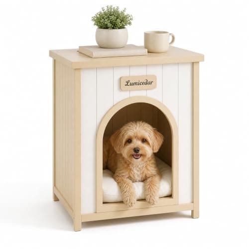 Lumicedar Indoor Dog House for Small Dogs, Solid Cedar Wood Dog House Indoor, Flat-Top Wooden Dog House, Arched Door & Soft Dog Bed, Dog House for Dogs & Cats (Natural, 20.3" D x 20.9" W x 23.6" H) - Image 1