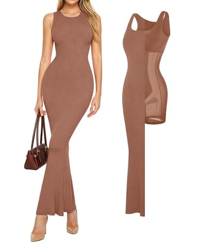 Popilush Vacation Maxi Long Dresses for Women Bodycon Sleeveless Modal Tummy Control Built-in Bra Shapewear Dress Brown X-Large - Image 1