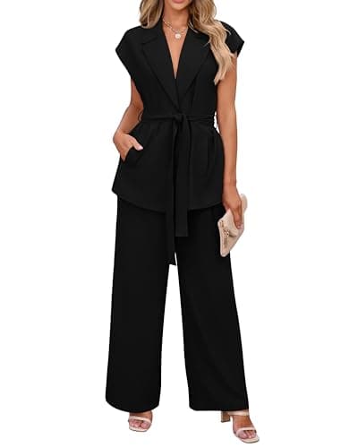 PRETTYGARDEN Women Summer Outfits 2025 Trendy Tank Tops Flowy Long Blazer Pant Suit 2 Piece Fashion Wedding Club Outfit(Solid Black,Small) - Image 1