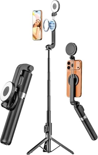 USKEYVISION Magnetic Selfie Stick Tripod with Light & Remote, Phone Tripod with Magnetic Holder for Magsafe, 360ยฐ Rotatable Cellphone Stand for iPhone/Android for Video Recording, Vlogging(SPT-02) - Image 1