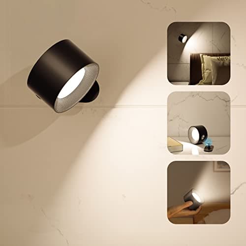 Deyagoo LED Wall Sconce, Wall Mounted Lamp with Rechargeable Battery Operated USB Port 3 Color Temperature & 3 Brightness Level 360°Rotate Magnetic Ball, Cordless Light for Reading Study Bedside - Image 1