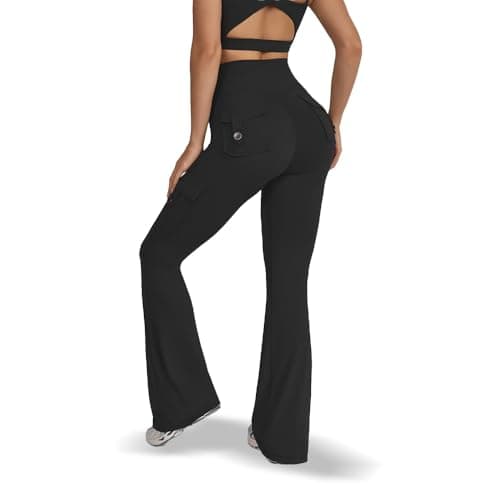 KAIFUYING Women Workout Flare Leggings with Pockets Yoga Pants Women High Waisted Cargo Gym No Front Seam Leggings Black S - Image 1