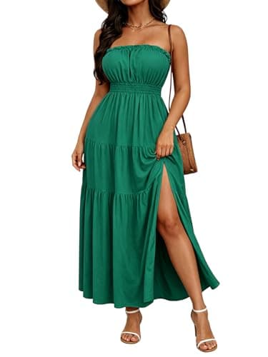 ABKY Off The Shoulder Dress Summer Strapless Tube Top Dresses Long Flowy A Line Side Slit Vacation Beach Holiday Party Outfit DeepGreen S - Image 1
