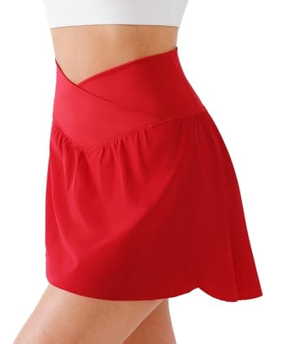 BRXL Tennis Skirts for Women High Waisted Crossover Built-in Shorts with Pockets Workout Athletic Skort Pickleball Red - Image 1