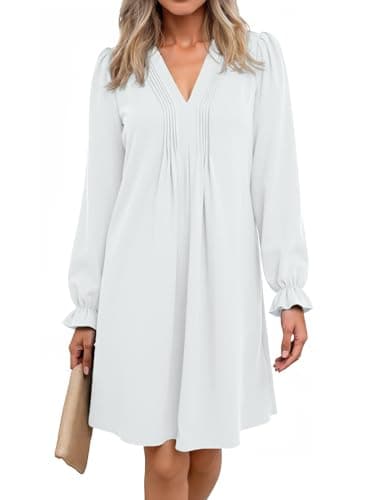 Dokotoo Womens Dress Summer Ruffle Long Puff Sleeve Sundress V Neck Fall Dresses Casual Party Loose Flowy Holiday Outfits Mini White Dress for Wedding Guest X-Large - Image 1