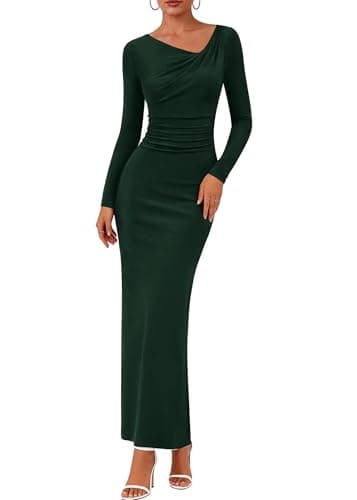 Lazysmile Women's Long Sleeve Asymmetrical Neck Bodycon Maxi Dress Back Slit Ruched Party Cocktail Wedding Guest Dressees Dark Green - Image 1