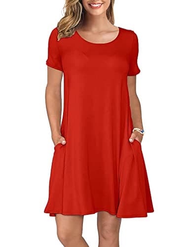 KORSIS Summer Dresses for Women Red Small Casual T Shirt Tunic Dresses Short Sleeve Swing Flowy Ladies Beach Vacation Sundress with Pockets - Image 1