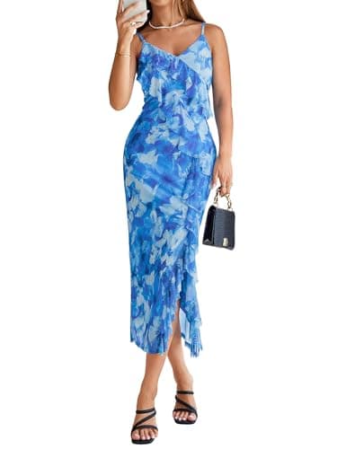 Simplee Women Floral Ruffle Bodycon Maxi Dress 2026 Summer Spaghetti Strap V Neck Mesh Slit Wedding Guest Beach Party Dresses Floral Blue L - Image 1