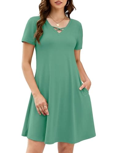 KORSIS Women's Midi Dresses Summer Casual T-Shirt Short Sleeve Criss Cross V Neck Swing Soft Loose Beach Party Vacation midi Soild Dress with Pockets (S-2XL) Turquoise - Image 1