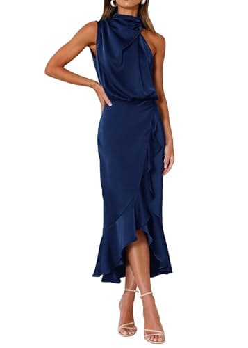 KIRUNDO Women 2026 Spring Summer Satin Mock Neck Wedding Guest Party Cocktail Midi Dress Sleeveless Wrap Ruffle Formal Dress(Dark Blue, Medium) - Image 1