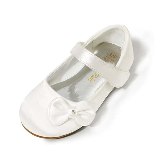DREAM PAIRS Toddler Girls Dress Shoes Mary Jane Flats, Girls School Uniform Flats Bow Ballerina Shoes,Size 6 Toddler,White/Satin,Angel-5 - Image 1