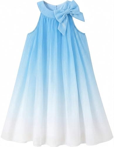 NIUSC Halter Dresses for Girls Summer Chiffon Dress Ombre Sparkly Fancy Kids Beach Sundress Casual Cute Tiered Flowy Wedding Gown Homecoming Party Outfit, Blue, 4-5 Year - Image 1