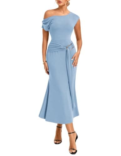 GRACE KARIN Women's 2026 Summer Wedding Guest Dresses Formal Cocktail One Shoulder Bodycon Dresses Elegant Ruched Maxi Dress Deep Peacock Sky Blue XXL - Image 1