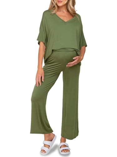 Tankaneo Womens Maternity Pajamas 2 Piece Lounge Set Soft Short Sleeve V Neck T-shirt Cropped Pants Pregnancy Loungewear, Army Green, Small - Image 1