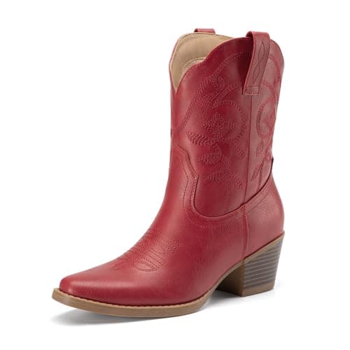 Athlefit Women's Cowboy Cowgirl Ankle Boots Square Toe Low Chunky Heel Embroidery Western Short Booties for Country Concerts Red Size 7, AD00764 - Image 1