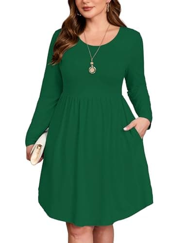 AusLook Women's Plus Size Long Sleeve Midi Dress Crewneck Casual Empire Waist Loose Flowy Dresses A-Line Boho Party 2025 Fall Winter Long Green 4X Dress Vacation Outfit with Pockets - Image 1