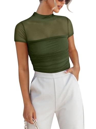 ANRABESS Womens Summer Sexy Mock Turtle Neck Short Sleeve Tops Sheer Mesh Shirts Slim Blouse Trendy Ruched Going Out Outfits Army Green-XL - Image 1