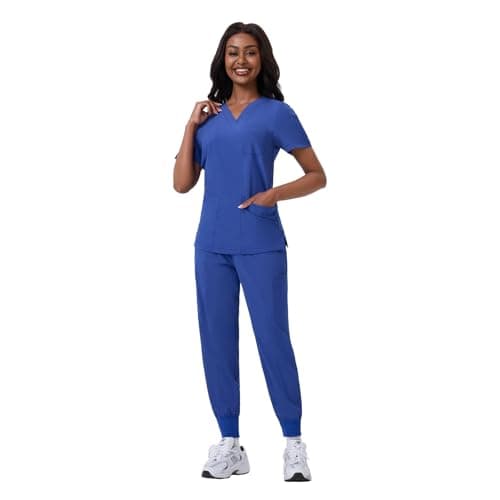 ANGEL GUARD Scrubs for Women Set, V-Neck Medical Scrubs with 13 Pockets, Yoga Waistband Slim Fit Uniform