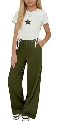 Bupekbee Girls 2 Piece Outfits Short Sleeve Ruched Drawstring Crewneck Tops and Wide Leg Pants with Pockets Tracksuit Set - Image 1