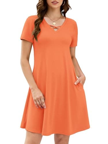 KORSIS Women's Midi Dresses Summer Casual T-Shirt Short Sleeve Criss Cross V Neck Swing Soft Loose Beach Party Vacation midi Soild Dress with Pockets (S-2XL) Bright Orange - Image 1
