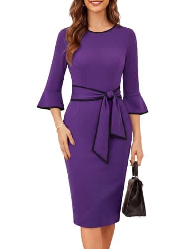 GRACE KARIN Work Dresses for Women 3/4 Sleeve Bodycon Pencil Business Outfits Color Block Office Church Clothes Deep Purple XL - Image 1