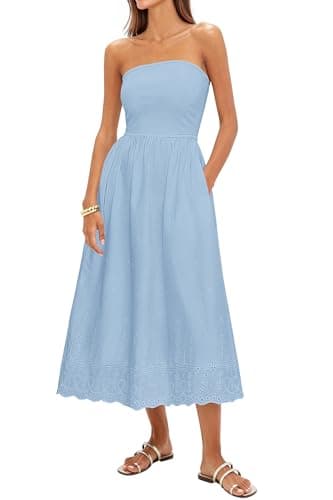 PRETTYGARDEN Womens Summer Dresses 2026 Sexy Sleeveless Tube Top Long Dress Eyelet Cotton Maxi Beach Sundress Pockets(Light Blue,X-Large) - Image 1