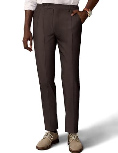 PJ PAUL JONES Men's Linen Dress Pants Casual Business Golf Slim Fit Pant Lightweight Vacation Work Trousers Coffee L - Image 1