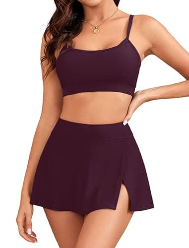 ZAFUL Women High Waisted Bikini Sets Color Block Two Piece Swimsuit Sporty Push Up Bathing Suit with Swim Skirts Swimwear Purple Brown XL - Image 1