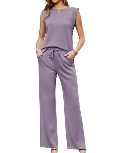 difficort Jogger Sets for Women 2 Piece CrewNeck Vest Sleeveless Tops Long Pants Y2K Outfits Summer 2026,Purple,Medium - Image 1
